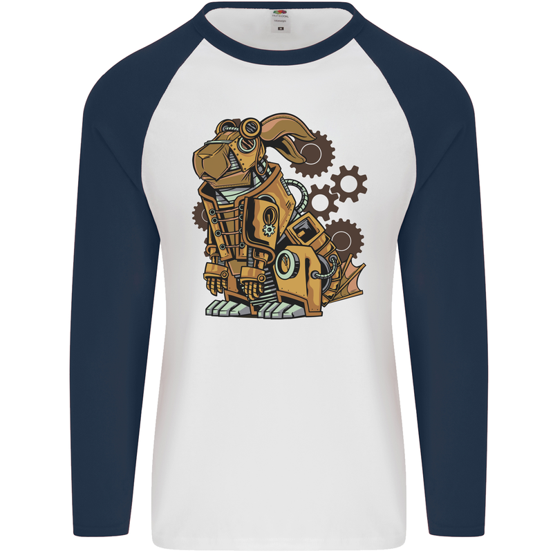 Steampunk Rabbit Mens L/S Baseball T-Shirt White/Navy Blue