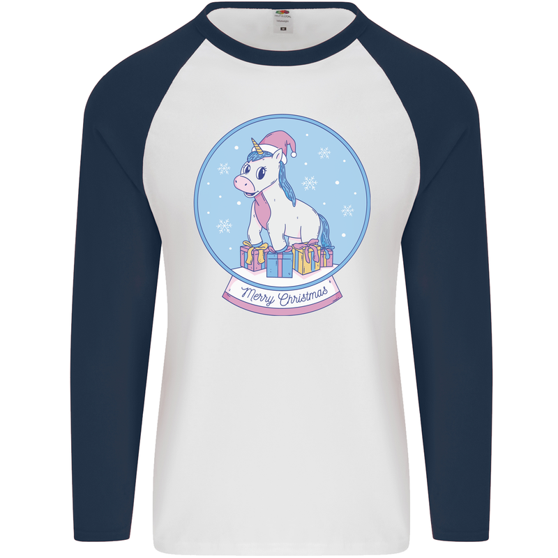 Christmas Unicorn Snow Globe Mens L/S Baseball T-Shirt White/Navy Blue