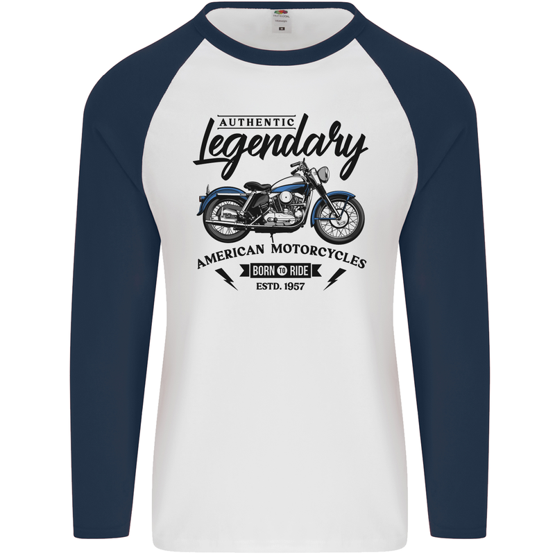 Legendary Motorcycles Biker Cafe Racer Mens L/S Baseball T-Shirt White/Navy Blue