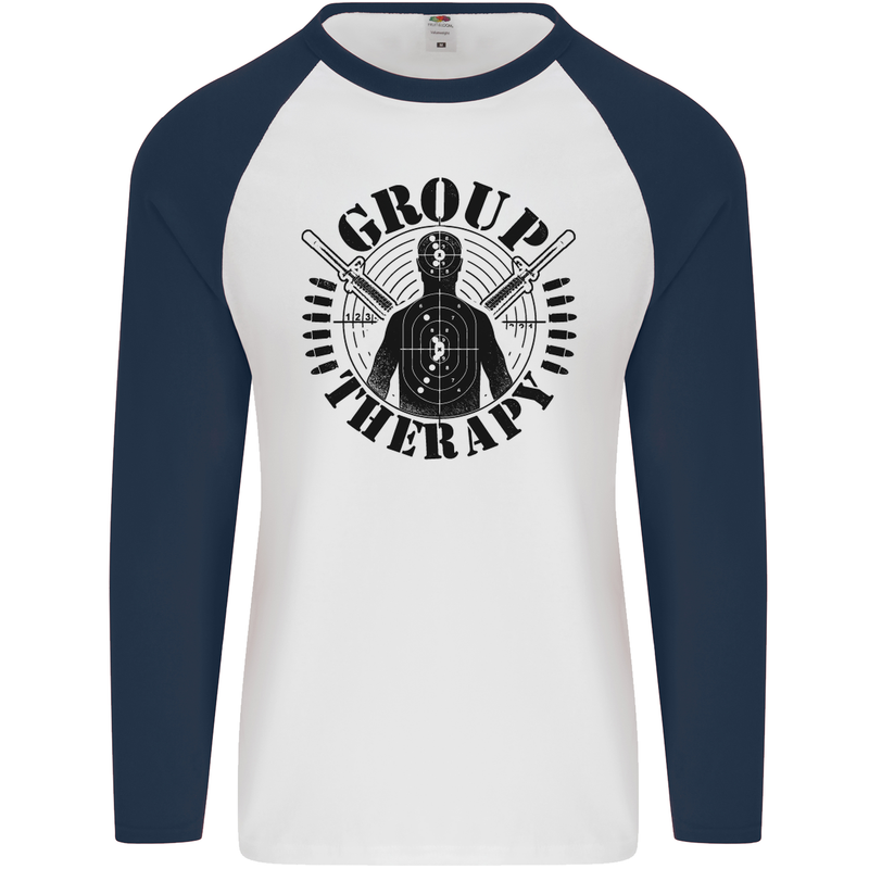 Group Therapy Shooting Hunting Rifle Funny Mens L/S Baseball T-Shirt White/Navy Blue