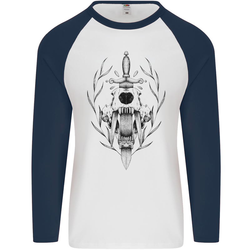 Sabre Tooth Tiger Skull Sword Mens L/S Baseball T-Shirt White/Navy Blue