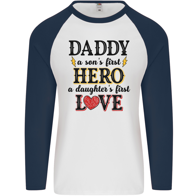 Fathers Day Daughter Love Son Hero Dad Mens L/S Baseball T-Shirt White/Navy Blue