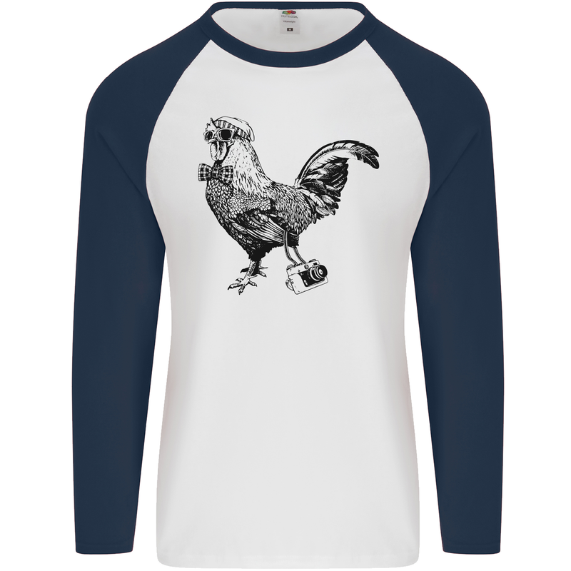 Rooster Camera Photography Photographer Mens L/S Baseball T-Shirt White/Navy Blue