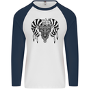 Tribal Bull Skull Buffalo Mens L/S Baseball T-Shirt White/Navy Blue