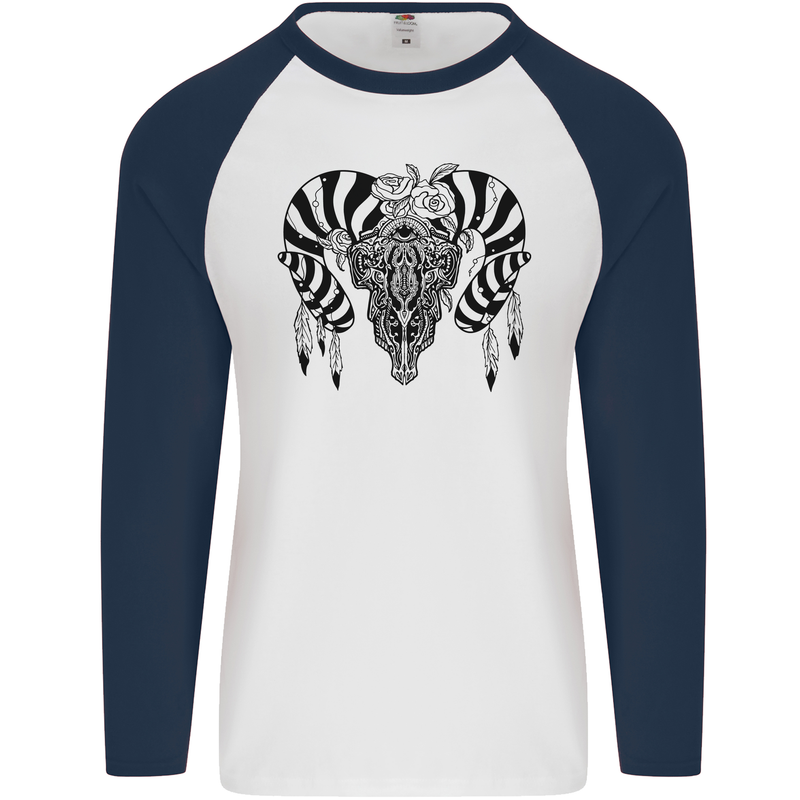 Tribal Bull Skull Buffalo Mens L/S Baseball T-Shirt White/Navy Blue