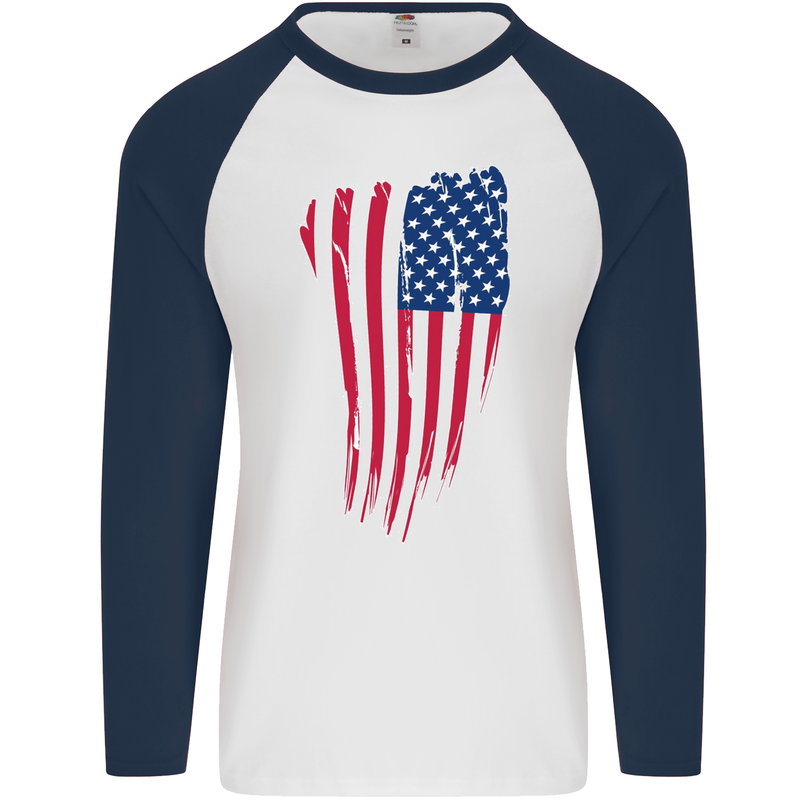 USA Stars & Stripes Flag July 4th America Mens L/S Baseball T-Shirt White/Navy Blue