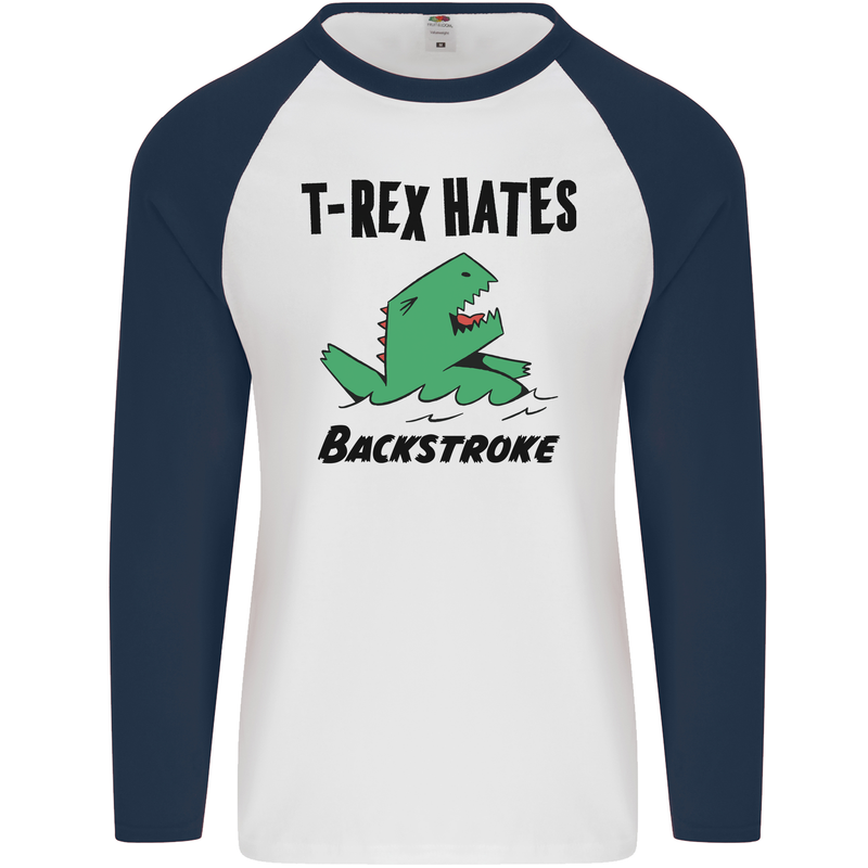 T-Rex Hates Backstroke Funny Swimming Swim Mens L/S Baseball T-Shirt White/Navy Blue