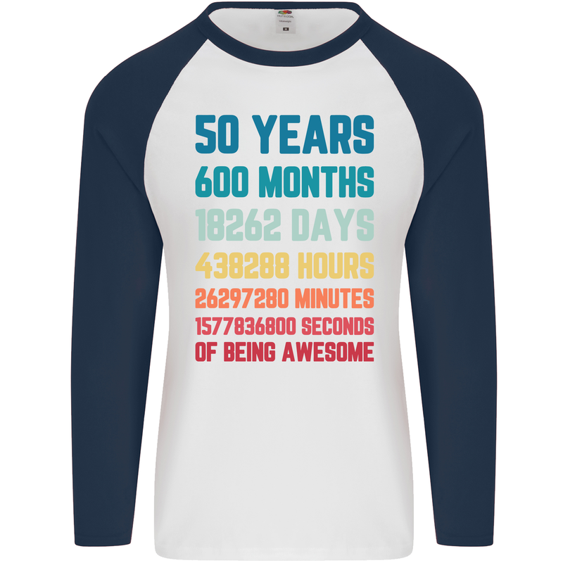 50th Birthday 50 Year Old Mens L/S Baseball T-Shirt White/Navy Blue