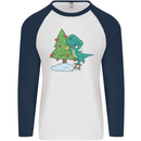 Funny T-Rex Christmas Tree Dinosaur Mens L/S Baseball T-Shirt White/Navy Blue