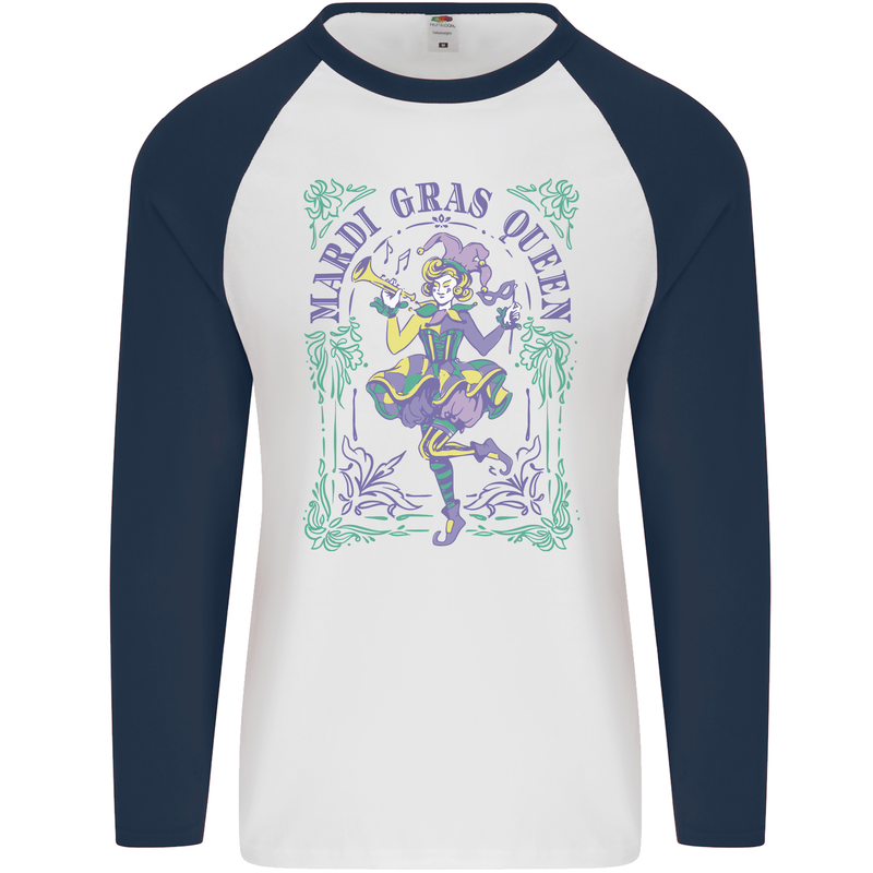 Mardi Gras Queen Mens L/S Baseball T-Shirt White/Navy Blue