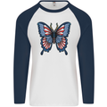 American Butterfly Flag USA July 4th Mens L/S Baseball T-Shirt White/Navy Blue