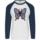 American Butterfly Flag USA July 4th Mens L/S Baseball T-Shirt White/Navy Blue