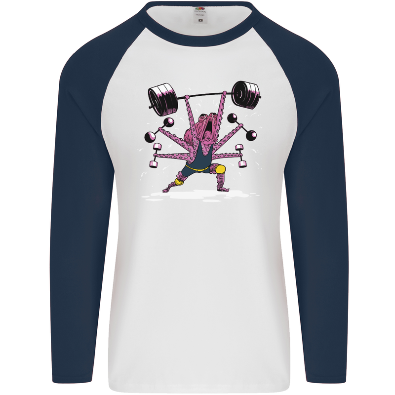 Octopus Gym Training Top Bodybuilding Mens L/S Baseball T-Shirt White/Navy Blue