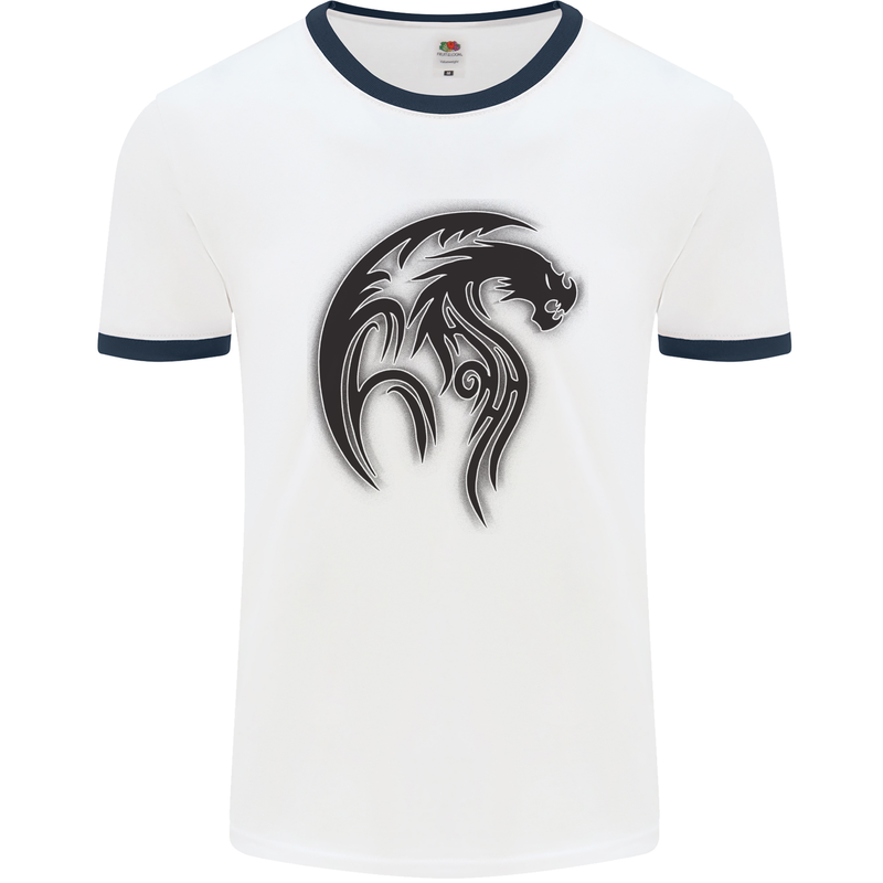 Black Tribal Tattoo Style Dragon Mens Ringer T-Shirt White/Navy Blue