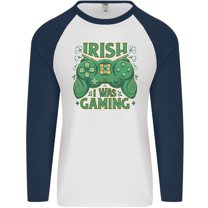 Irish I Was Gaming St Patricks Day Gamer Mens L/S Baseball T-Shirt White/Navy Blue