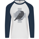 Odin Celtic Raven Viking Tattoo Cross Runic Mens L/S Baseball T-Shirt White/Navy Blue