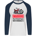 Warning May Spontaneously Talking About Motorbikes Mens L/S Baseball T-Shirt White/Navy Blue