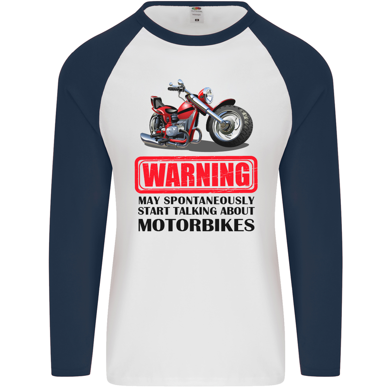 Warning May Spontaneously Talking About Motorbikes Mens L/S Baseball T-Shirt White/Navy Blue