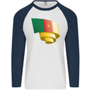Curled Cameroon Flag Cameroonian Day Football Mens L/S Baseball T-Shirt White/Navy Blue