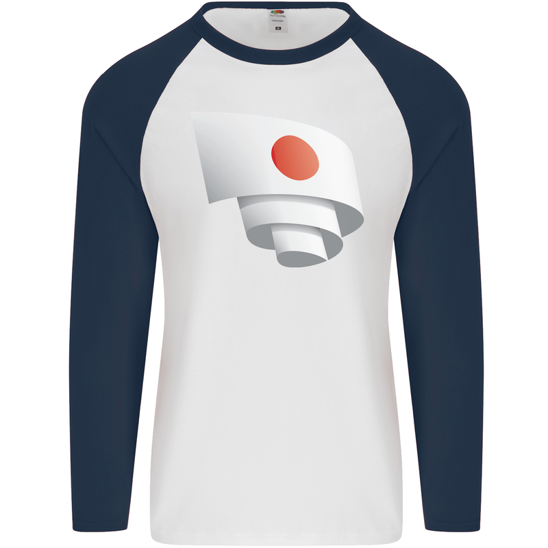 Curled Japan Flag Japanese Day Football Mens L/S Baseball T-Shirt White/Navy Blue