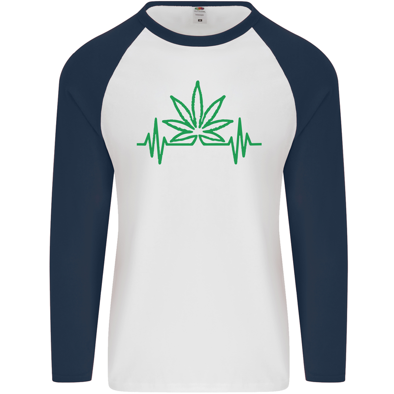 Weed Pulse Heart Cannabis Drugs ECG Mens L/S Baseball T-Shirt White/Navy Blue