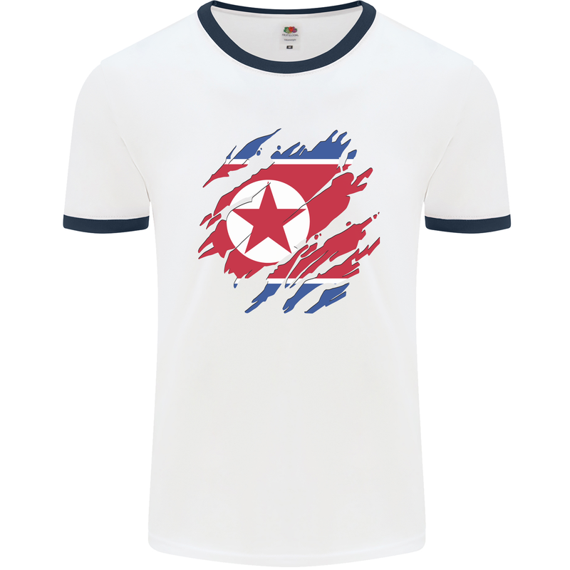 Torn North Korea Flag Korean Day Football Mens Ringer T-Shirt White/Navy Blue