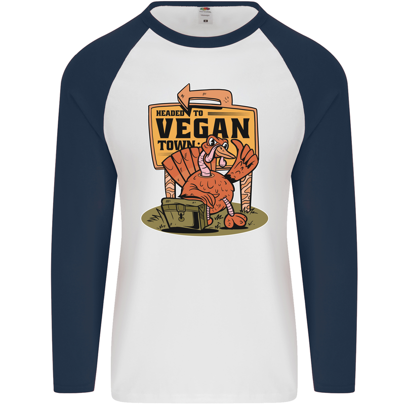 Heading to Vegan Town Funny Turkey Mens L/S Baseball T-Shirt White/Navy Blue