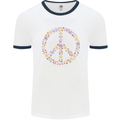 Floral Peace Symbol Hippie Love Mens Ringer T-Shirt White/Navy Blue