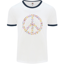 Floral Peace Symbol Hippie Love Mens Ringer T-Shirt White/Navy Blue