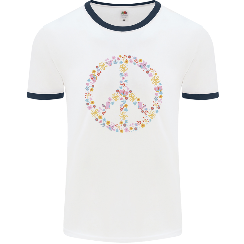 Floral Peace Symbol Hippie Love Mens Ringer T-Shirt White/Navy Blue