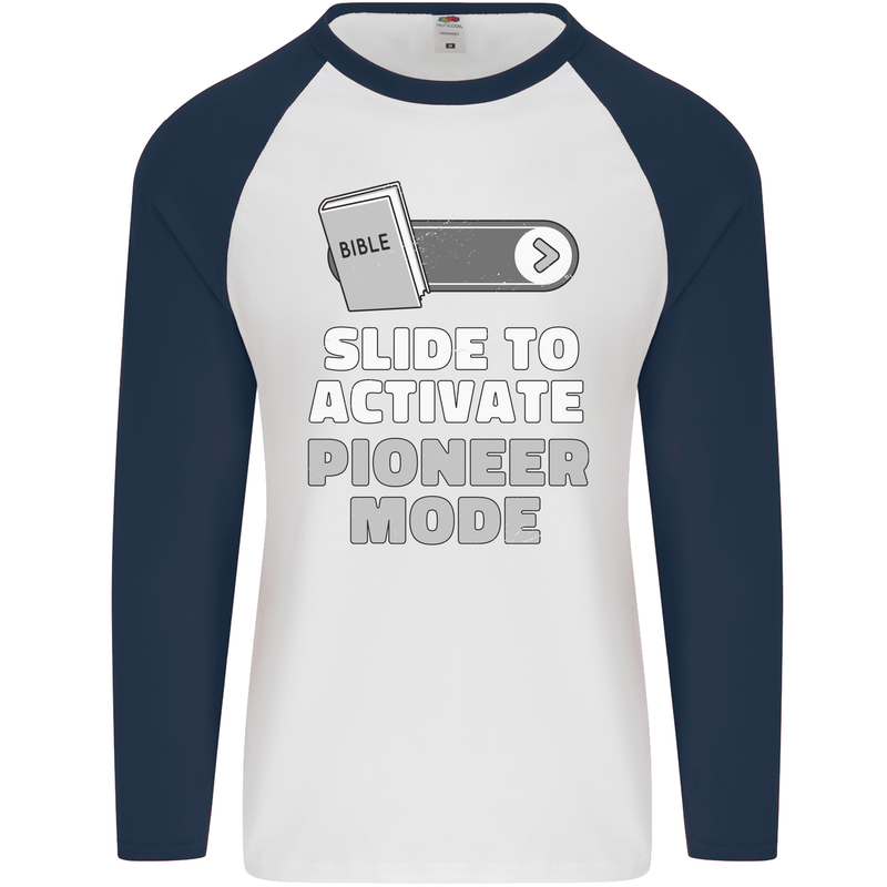 Christian Pioneer Mode Funny Christianity Mens L/S Baseball T-Shirt White/Navy Blue