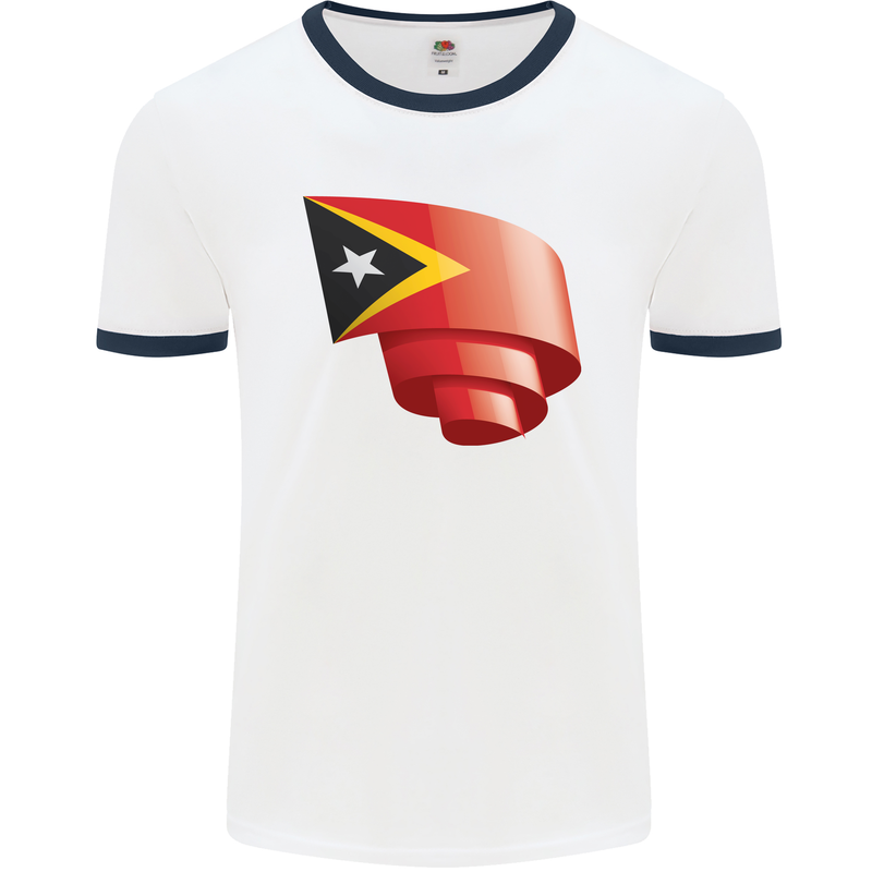 Curled East Timor Flag Day Football Mens Ringer T-Shirt White/Navy Blue