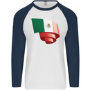Curled Mexico Flag Mexican Day Football Mens L/S Baseball T-Shirt White/Navy Blue