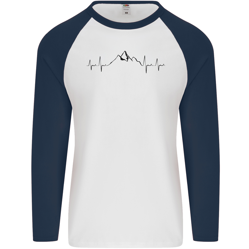 Mountain ECG Hiking Trekking Climbing Pulse Mens L/S Baseball T-Shirt White/Navy Blue