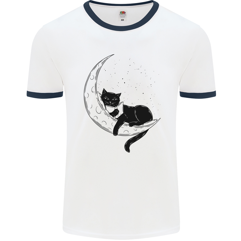 A Cat Reading a Book on the Moon Mens Ringer T-Shirt White/Navy Blue