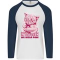 Breast Cancer Awareness October Cat Mens L/S Baseball T-Shirt White/Navy Blue
