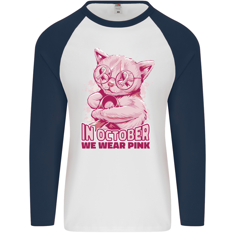 Breast Cancer Awareness October Cat Mens L/S Baseball T-Shirt White/Navy Blue