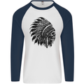 Indian Skull Headdress Biker Motorbike Mens L/S Baseball T-Shirt White/Navy Blue