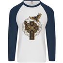Odins Celtic Raven Viking Thor Ragnar Norse Mens L/S Baseball T-Shirt White/Navy Blue