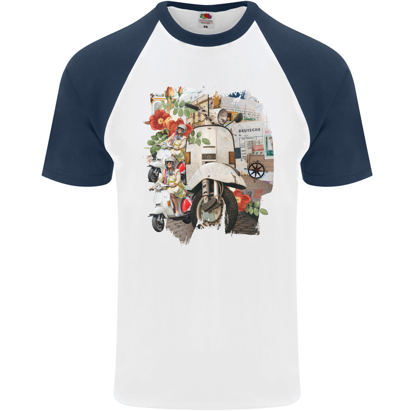 Scooter Colage MOD Culture Moped Bike Mens S/S Baseball T-Shirt White/Navy Blue