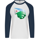 Curled Djibouti Flag Djiboutians Day Football Mens L/S Baseball T-Shirt White/Navy Blue