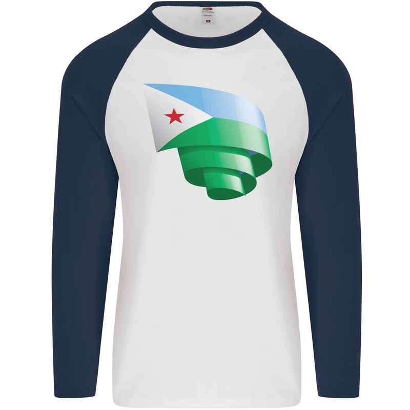 Curled Djibouti Flag Djiboutians Day Football Mens L/S Baseball T-Shirt White/Navy Blue