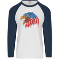 American Eagle USA Flag July 4th Mens L/S Baseball T-Shirt White/Navy Blue