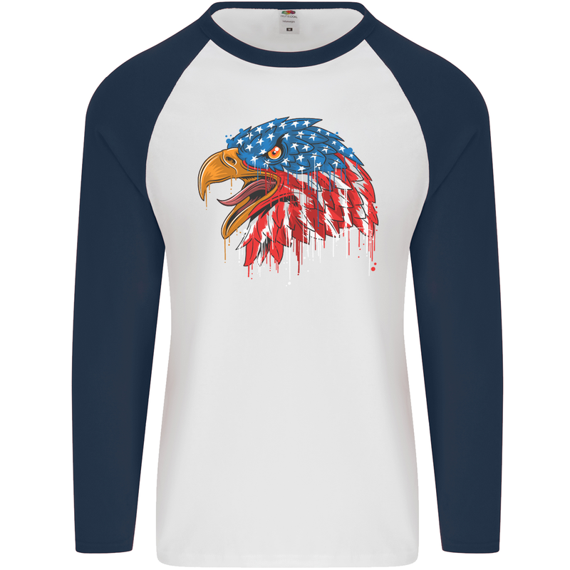 American Eagle USA Flag July 4th Mens L/S Baseball T-Shirt White/Navy Blue