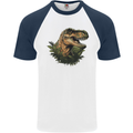 T-Rex Head in Foliage Dinosaur Mens S/S Baseball T-Shirt White/Navy Blue