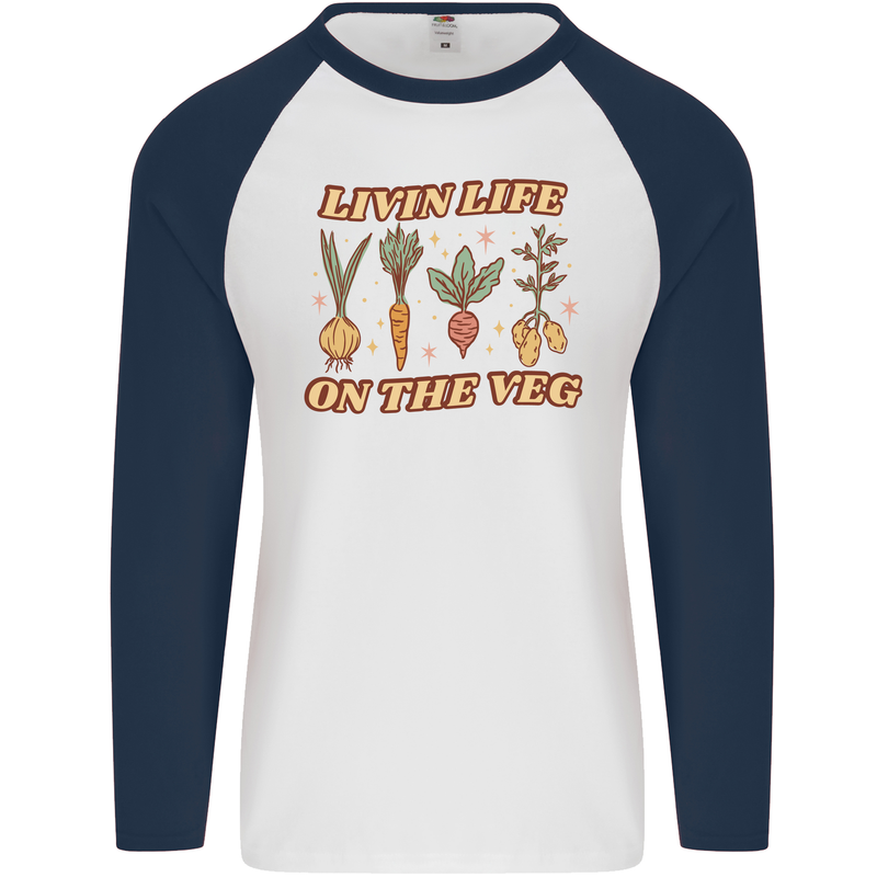 Vegan Living Life on the Veg Vegetarian Mens L/S Baseball T-Shirt White/Navy Blue