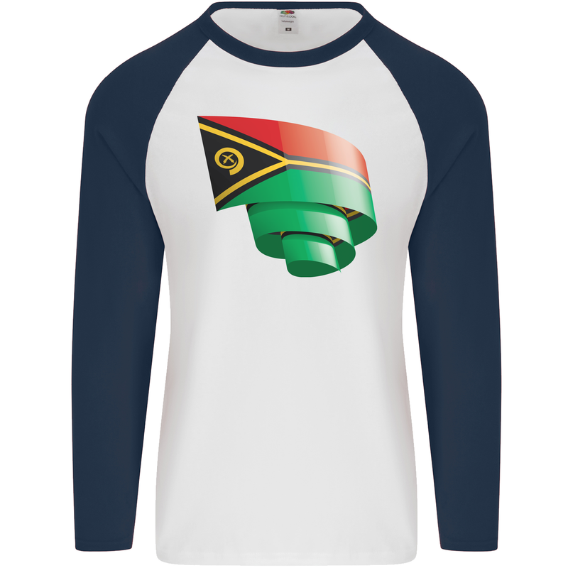 Curled Vanuatu Flag Day Football Mens L/S Baseball T-Shirt White/Navy Blue