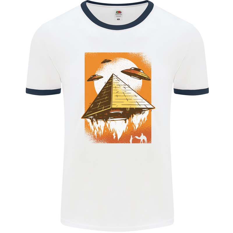UFO Pyramid Alien Flying Saucer Mens Ringer T-Shirt White/Navy Blue