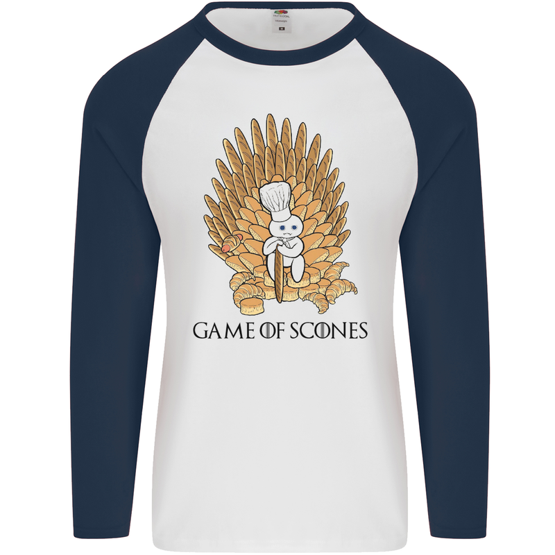 Game of Scones Funny Movie Parody GOT Mens L/S Baseball T-Shirt White/Navy Blue