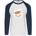 Torn Cyprus Flag Cypriot Day Football Mens L/S Baseball T-Shirt White/Navy Blue